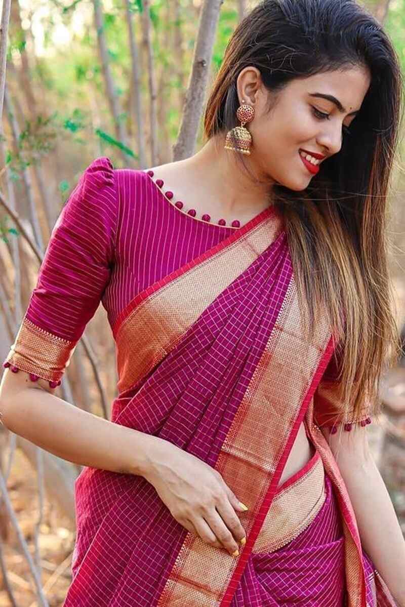 Boat-neck-with-elbow-length-sleeves-fancy-cotton-saree-blouse-designs