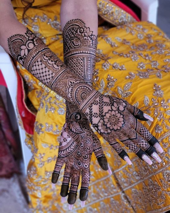 Bridal mehndi designs for full hands front and back with jewelry imitation