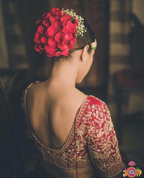 Bun hairstyle covered with rose petals