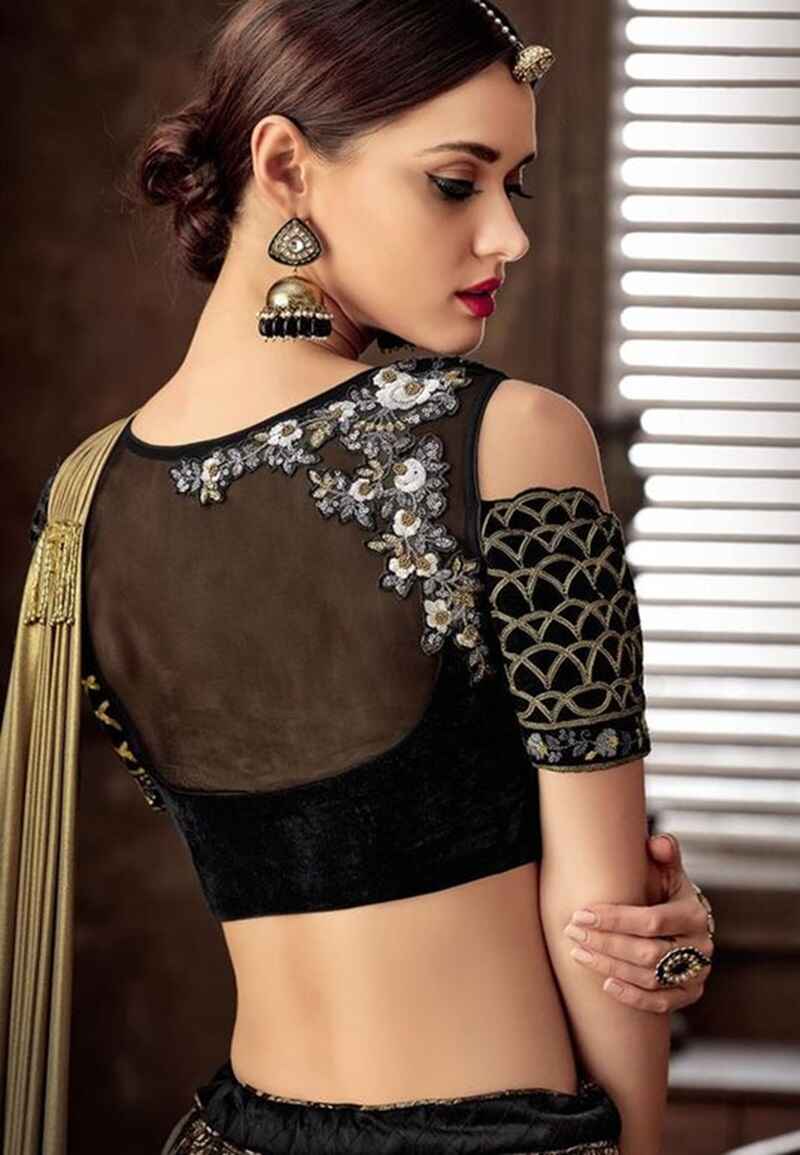 Cold-shoulder-back-neck-net-blouse-design