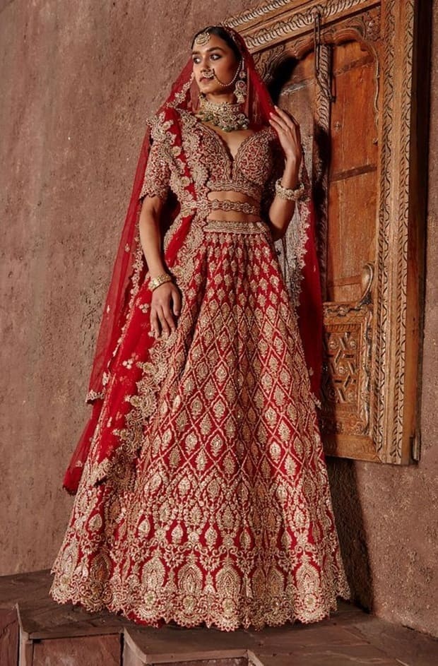 Deep Red Raw Silk Lehenga Set