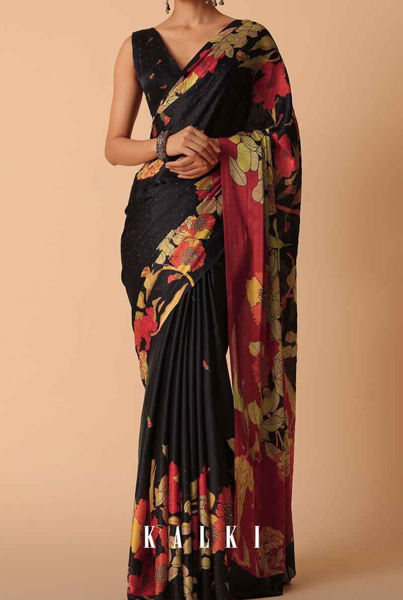 Floral-printed-satin-black-saree-party-wear