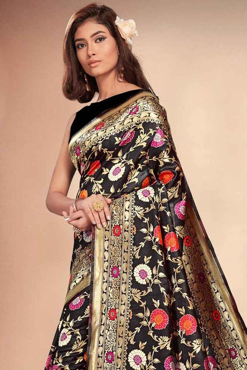 Jacquard-silk-with-floral-motifs-black-saree-for women