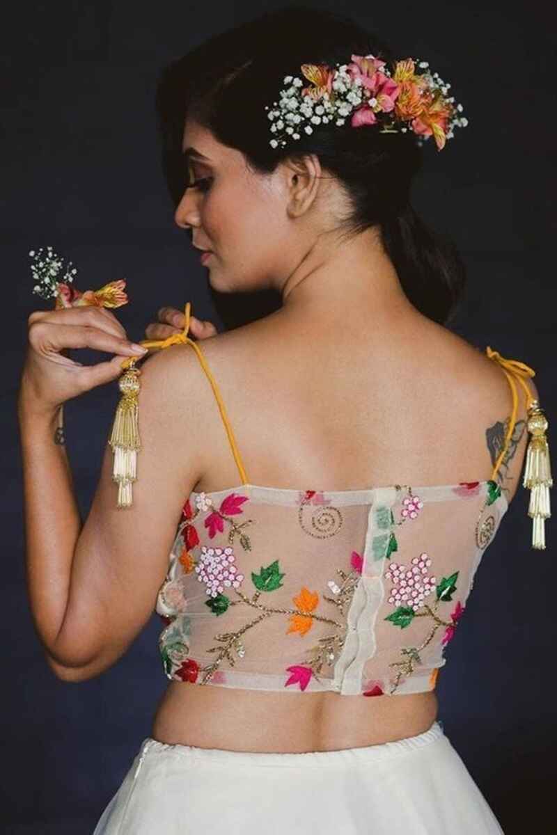 Net-panel-with-tie-up-sleeves-sexy-back-blouse-design