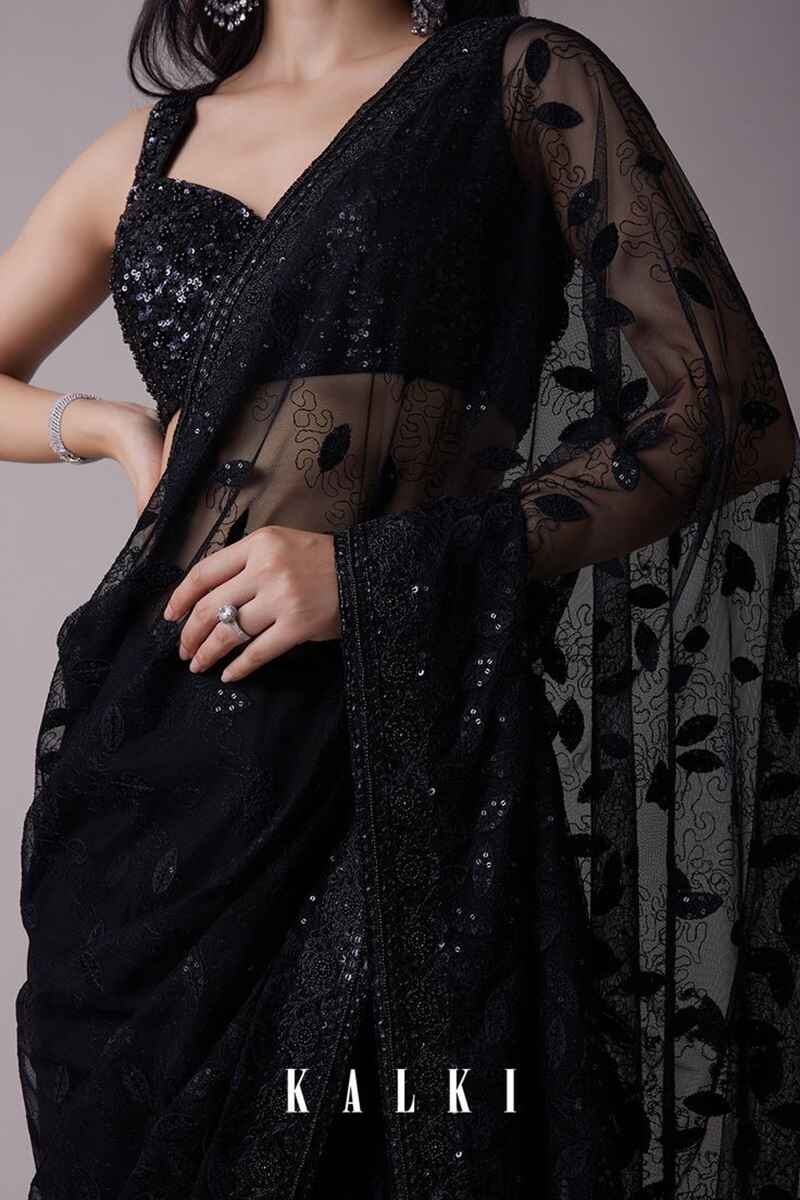 Net-saree-with-threadwork-and-beaded-border-black-saree-for-women