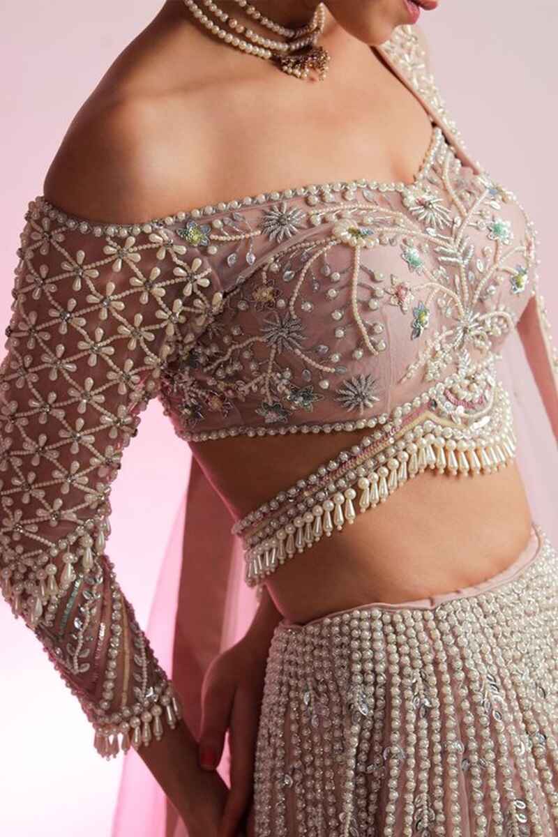 Pearl-embellished-off-shoulder-bridal-lehenga-blouse-design
