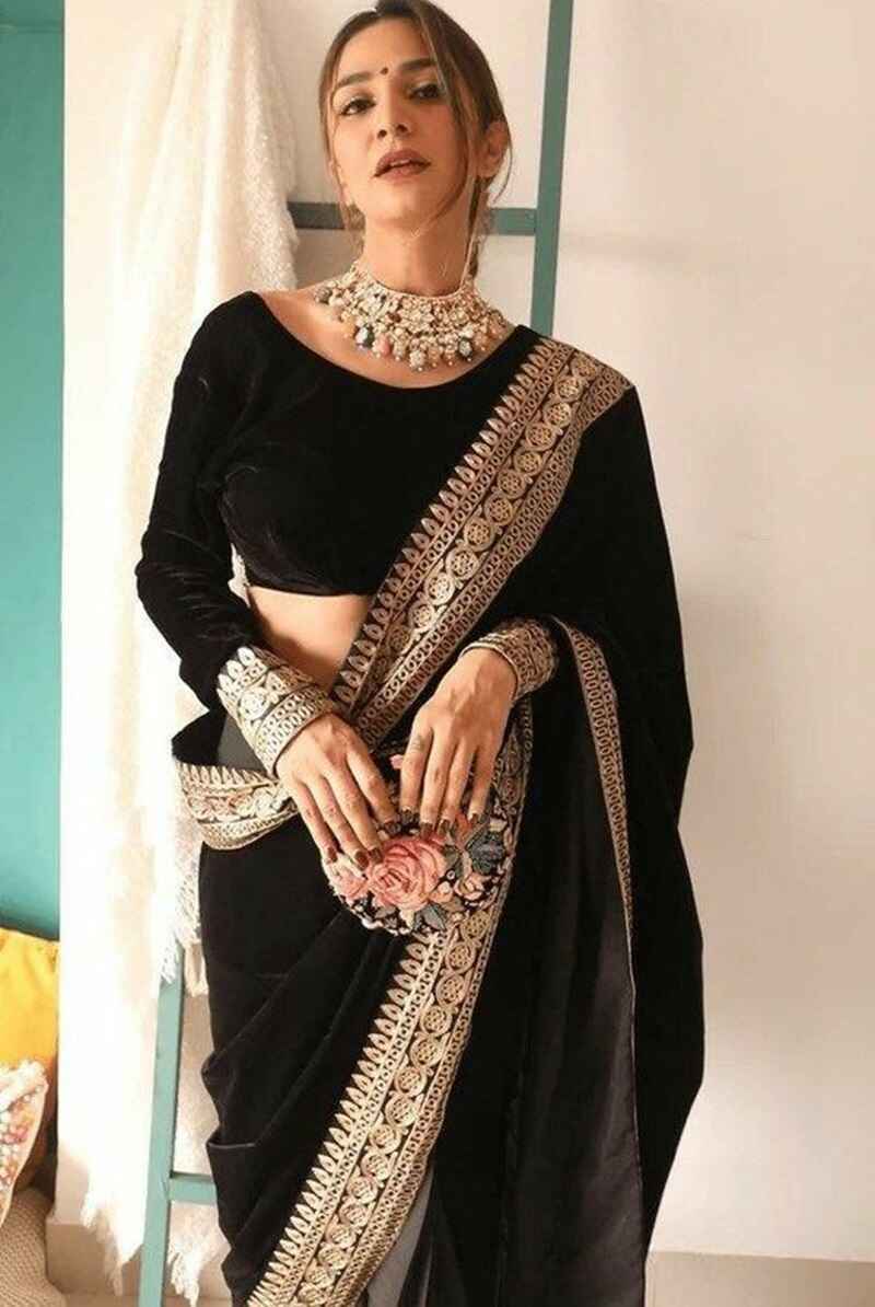Plain-black-velvet-saree-with-lace-border-black-saree-for-women
