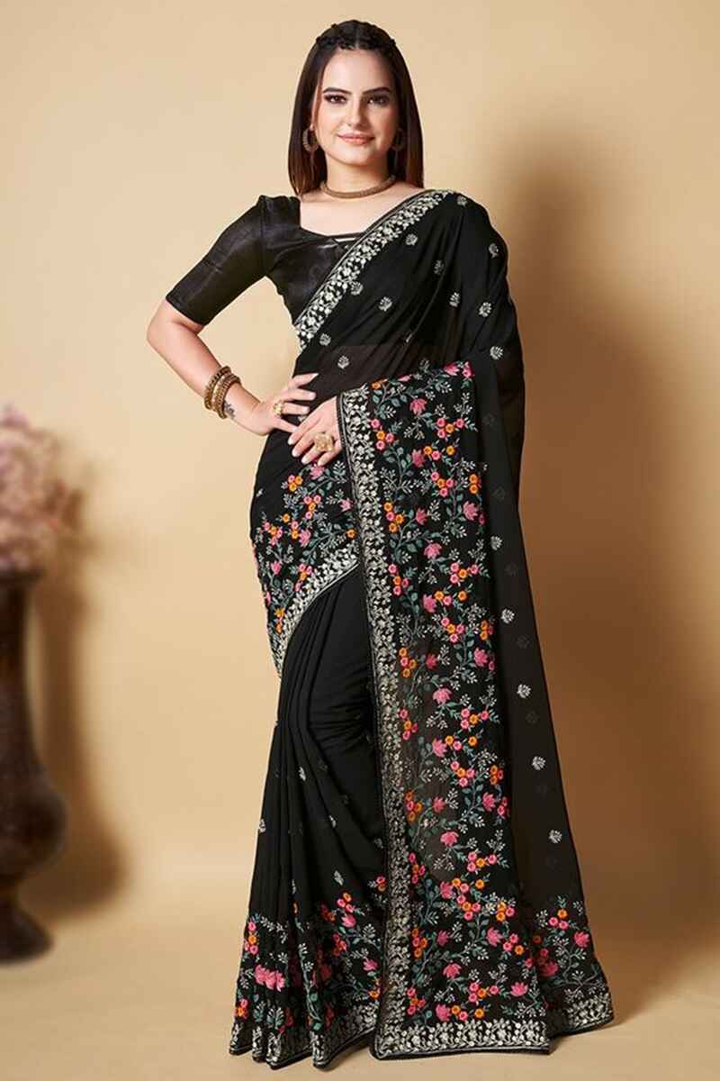 Plain-georgette-saree-with-resham-threadwork-black-saree-for-women