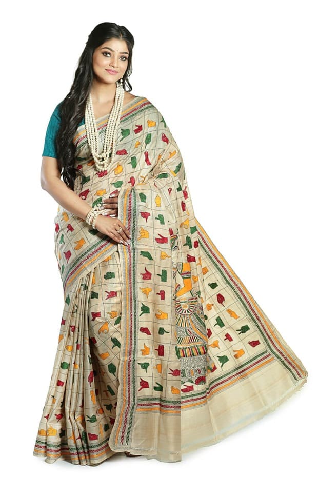 Pure Tussar Silk Handwork Kantha Stitch Saree 