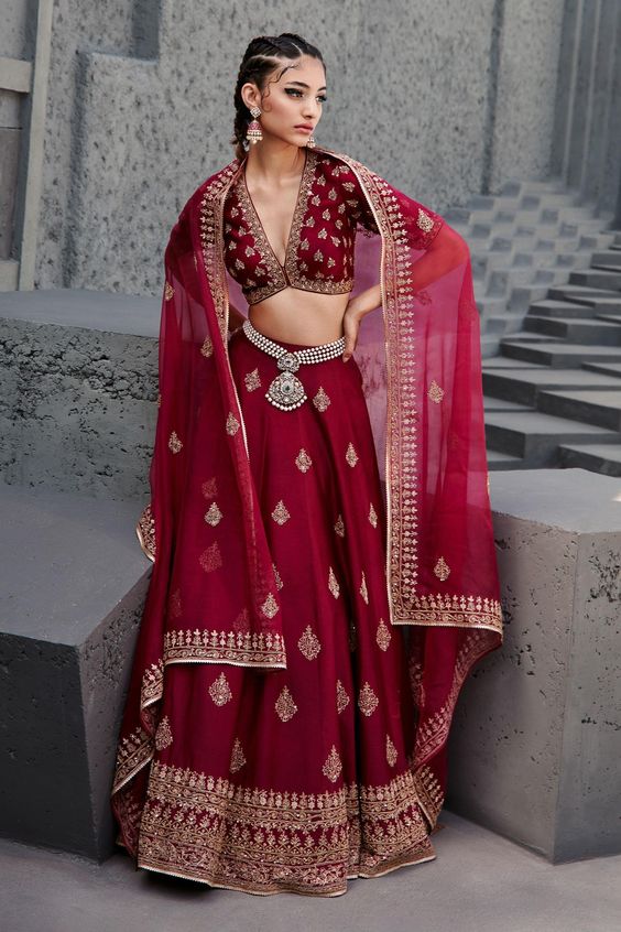 Red Chanderi Embroidery Dori V Neck Lehenga Set For Women