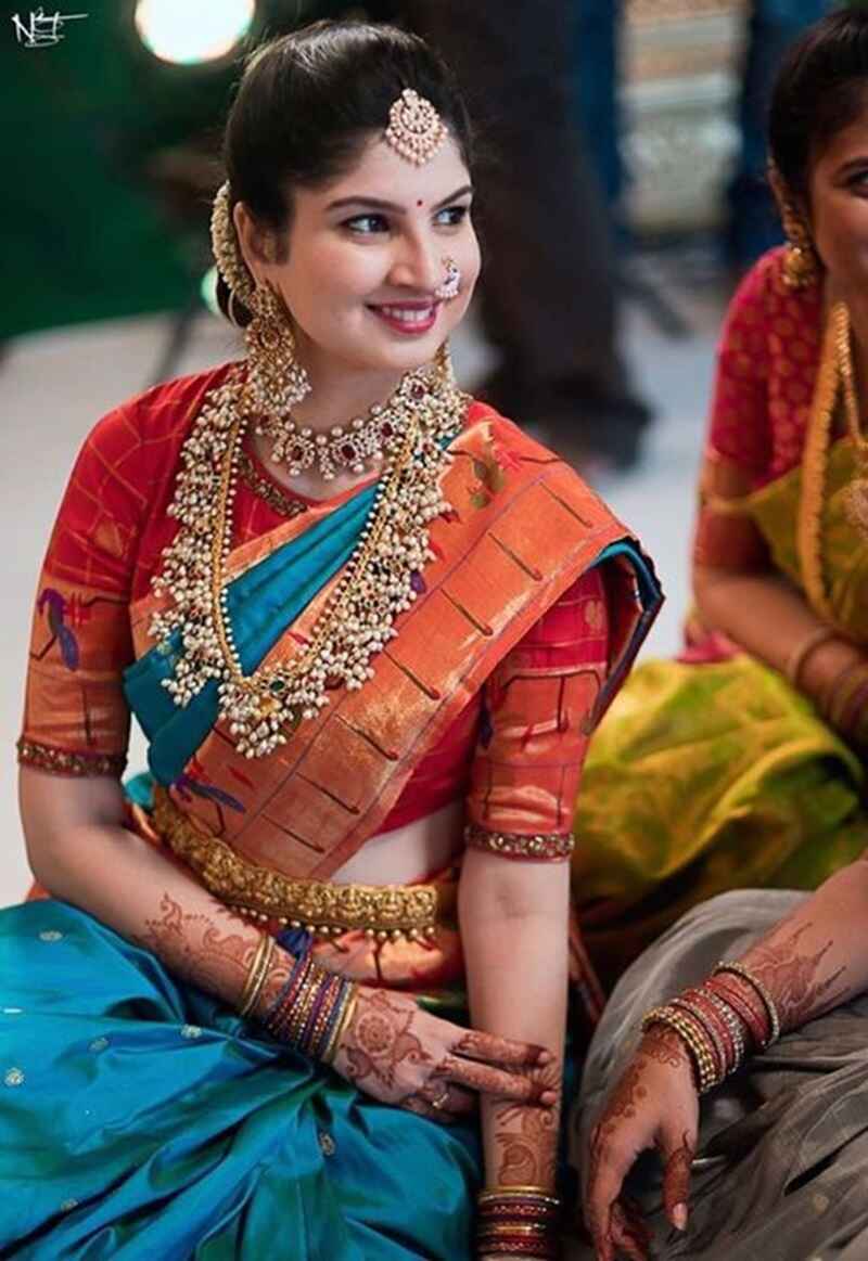 Round-neck-fancy-paithani-saree-blouse-design