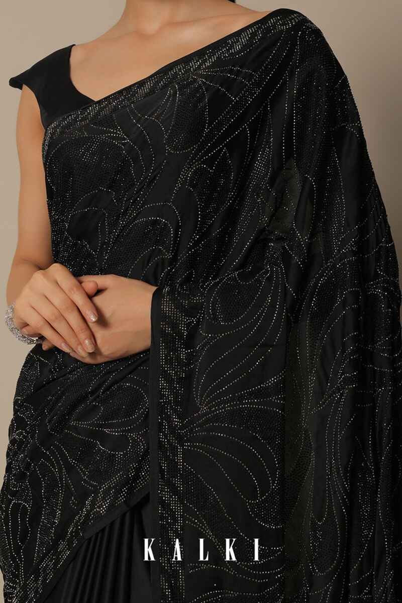 Stone-studded-satin-black-saree-for-women