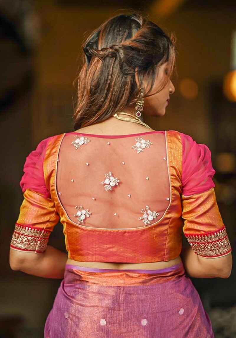 U-neck-with-puff-sleeves-net-blouse-back-neck-designs