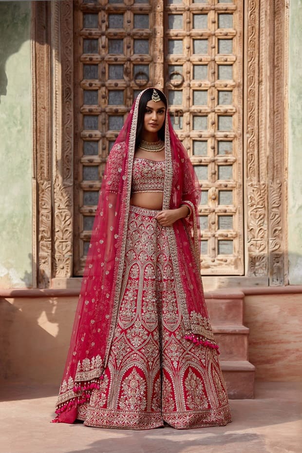 blood red colour royal red bridal lehenga 