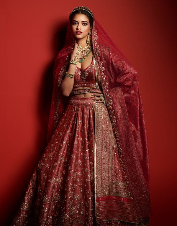 brocade wedding red bridal lehenga 