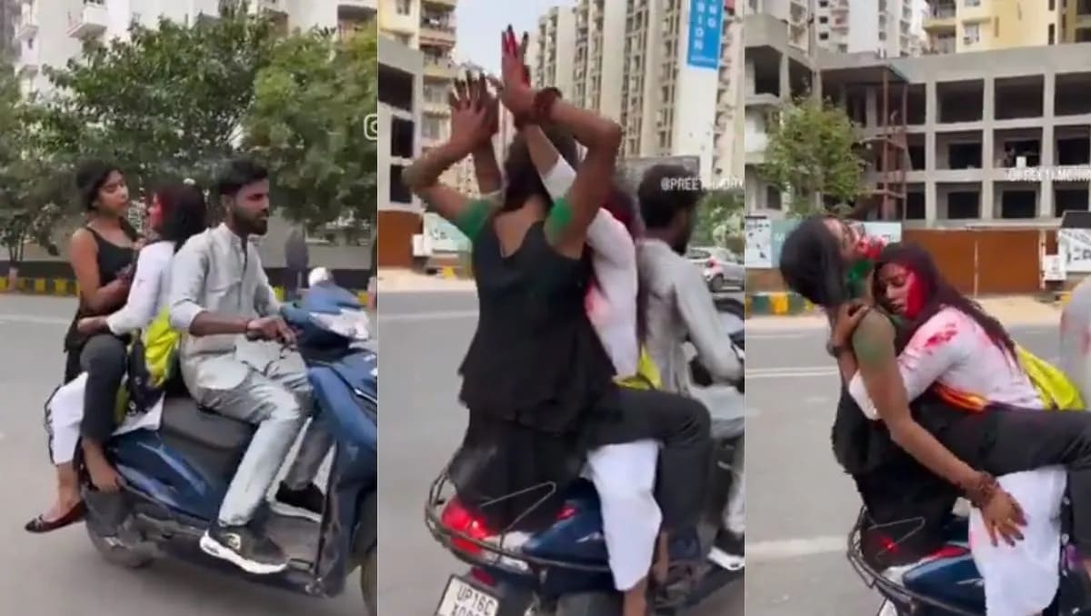 girl on scooty noida holi - Rang laga de re