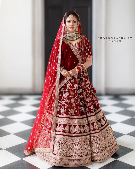 red velvet wedding lehenga