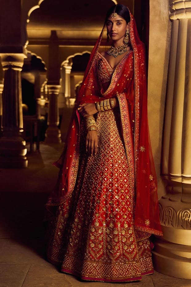 red designer wedding lehenga