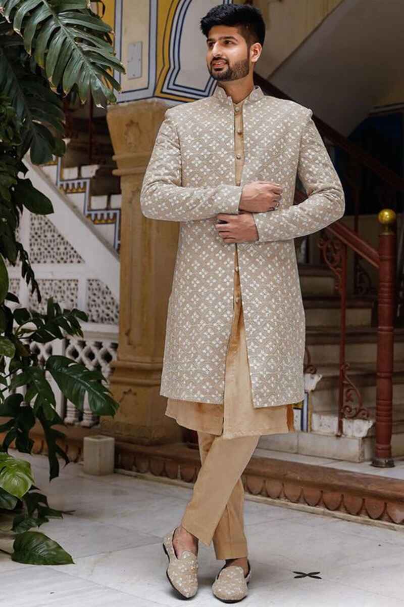 Beige-chikankari-indo-western-wedding-sherwani-for-groom