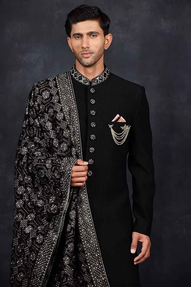 Classic-black-velvet-wedding-sherwani-for-groom