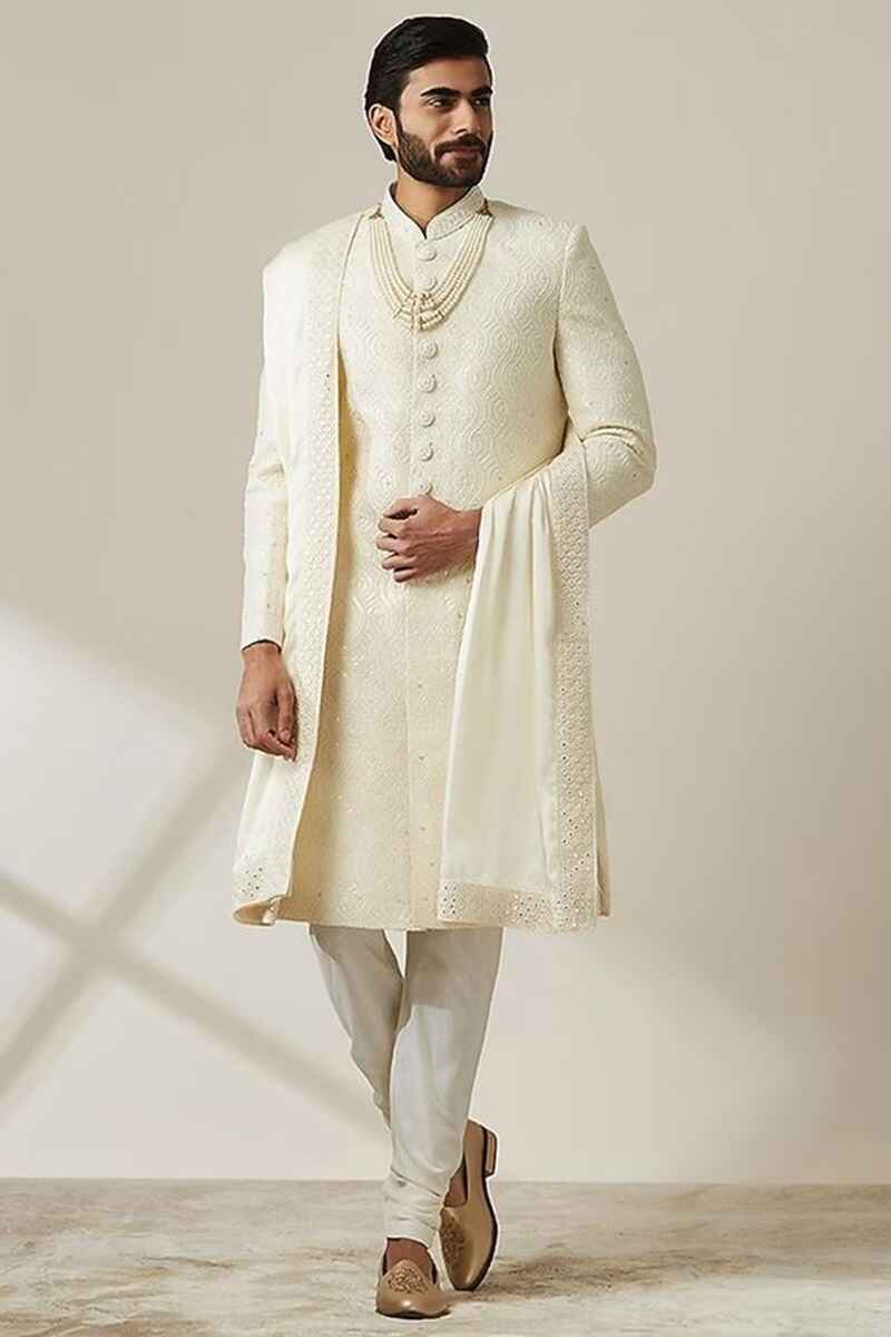 Classic-cream-white-chikankari-white-sherwani-for-groom