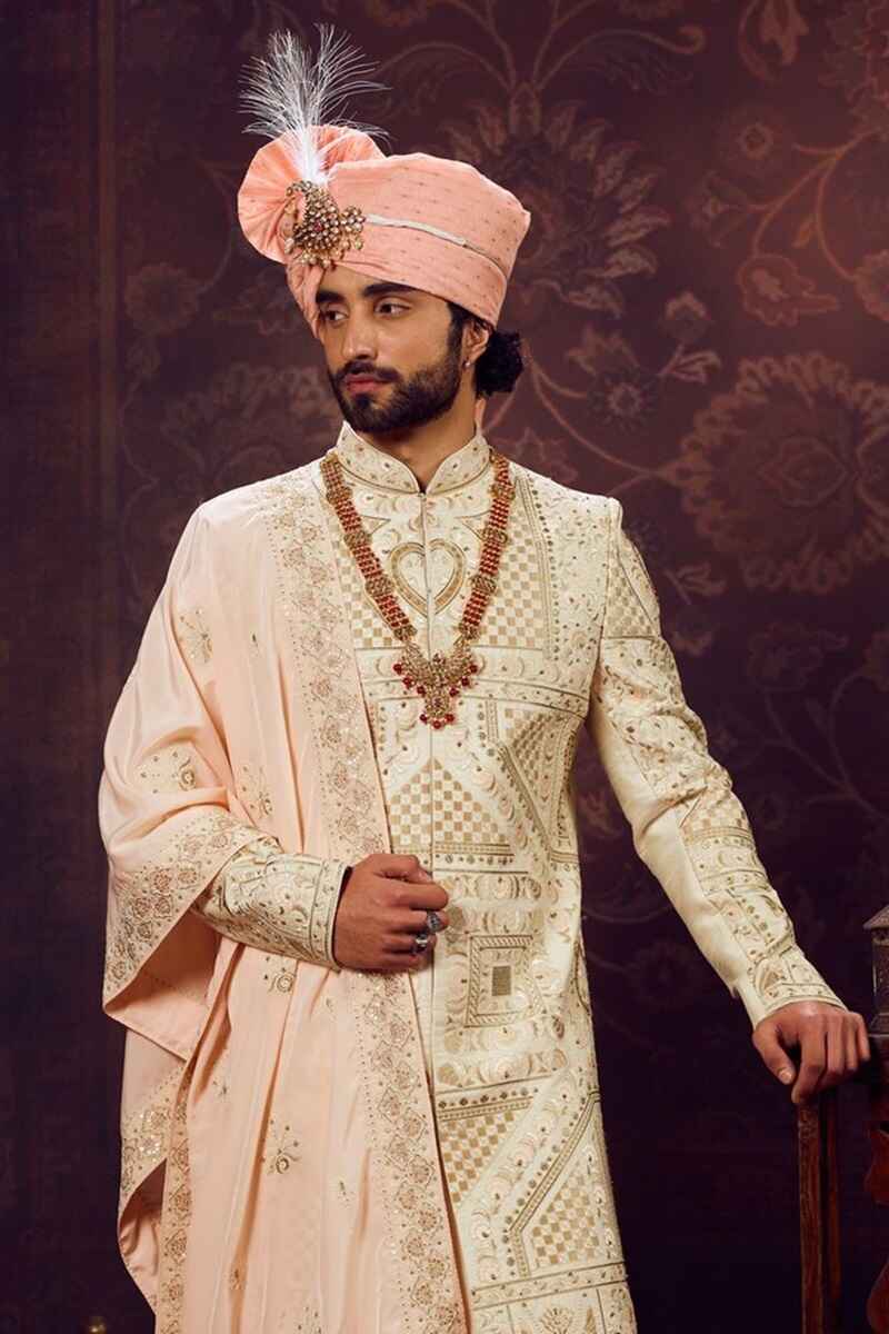 Embellished-pattern-peach-sherwani-for-groom