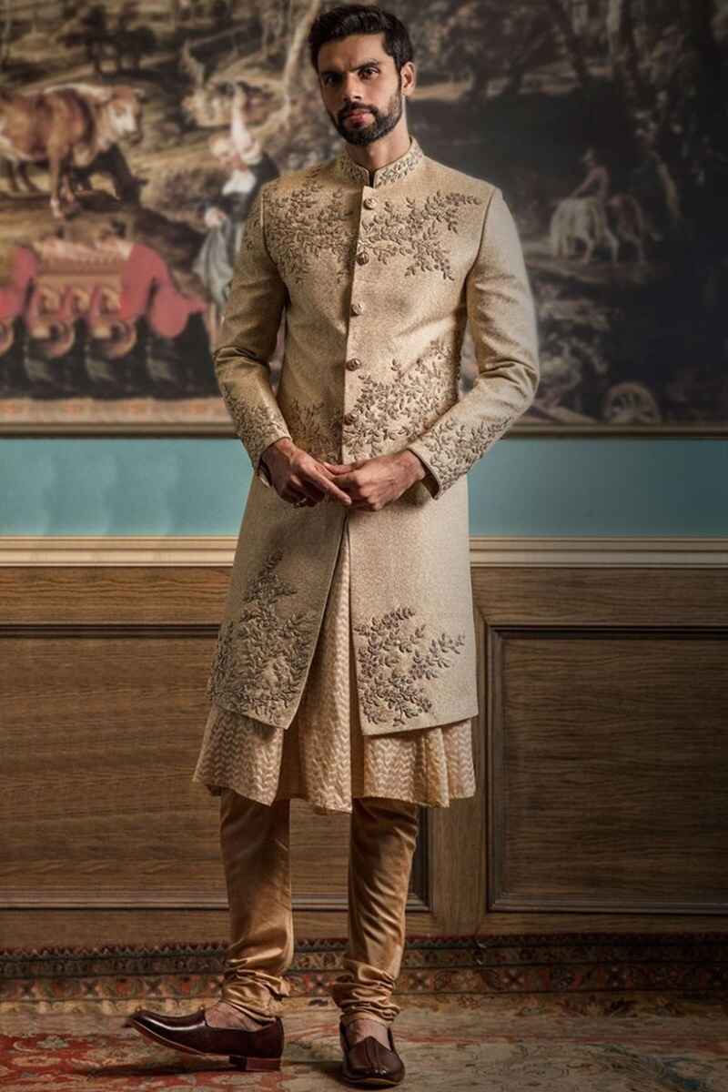 Golden-brown-with-zari-work-wedding-sherwani-for-groom
