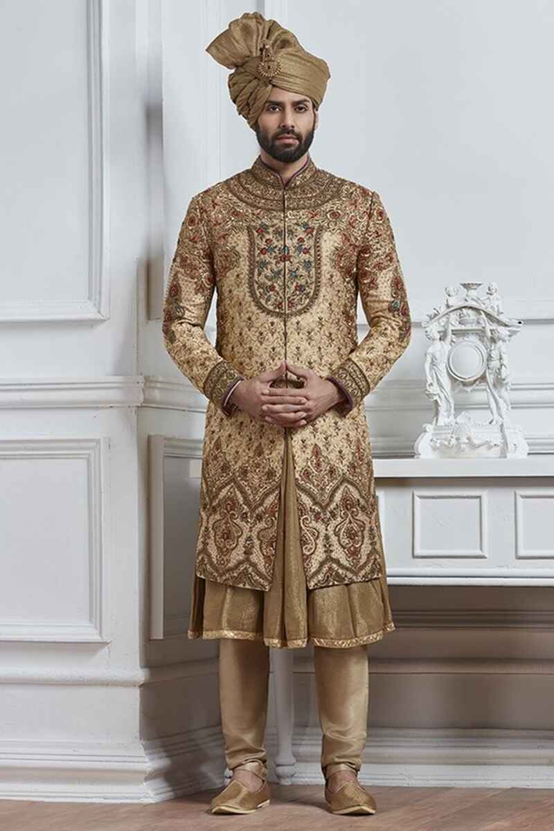 Rajasthani-style-golden-royal-sherwani-for-groom