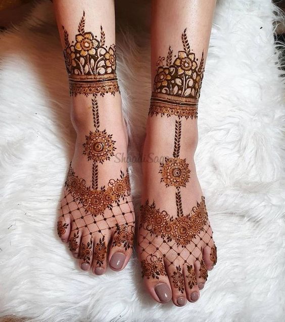Trending feet mehndi design with mesh patterns