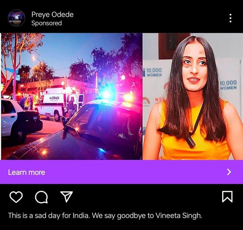 Vineeta Singh death news - Fake