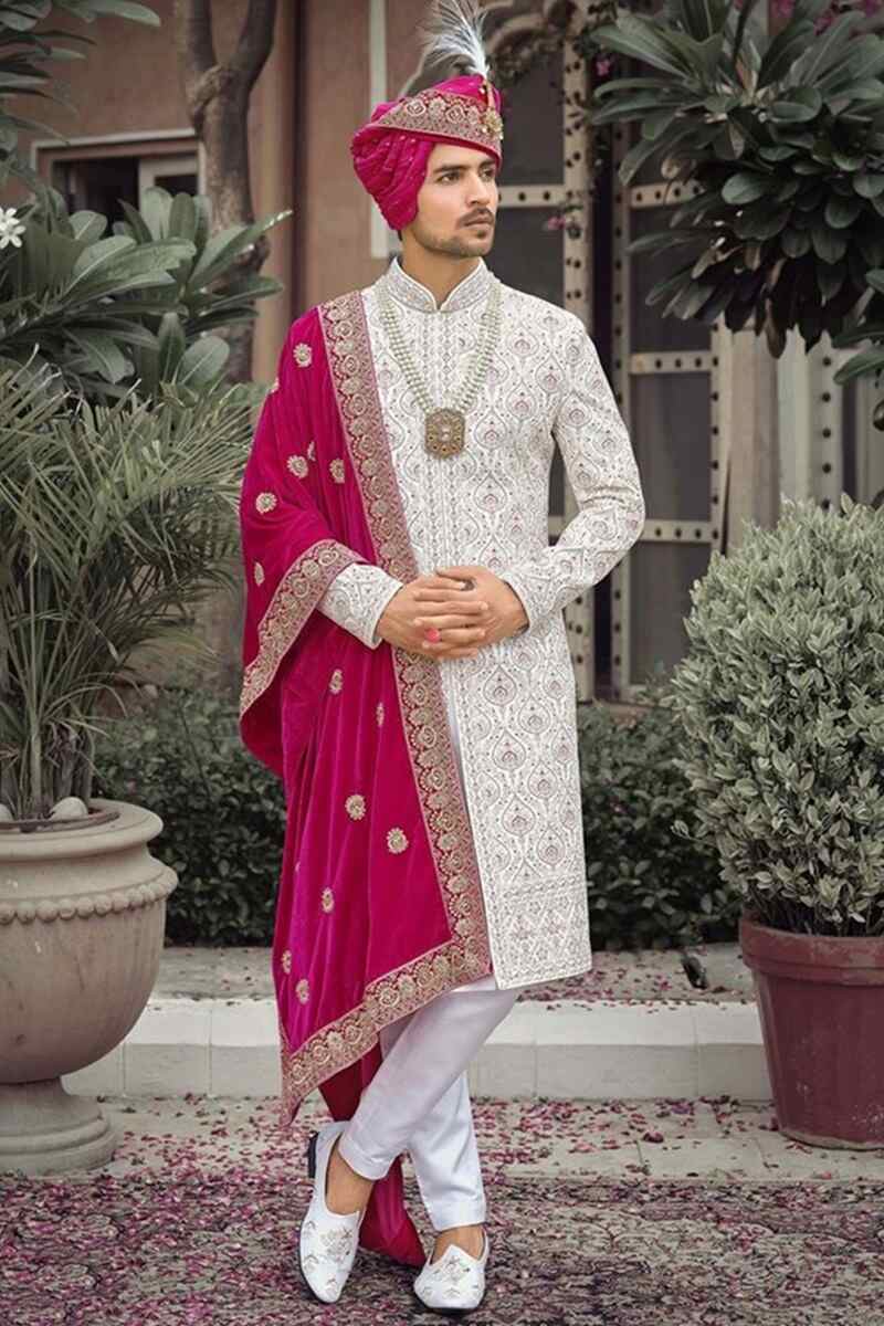 White-sherwani-with-velvet-pink-dupatta-royal-sherwani-for-groom