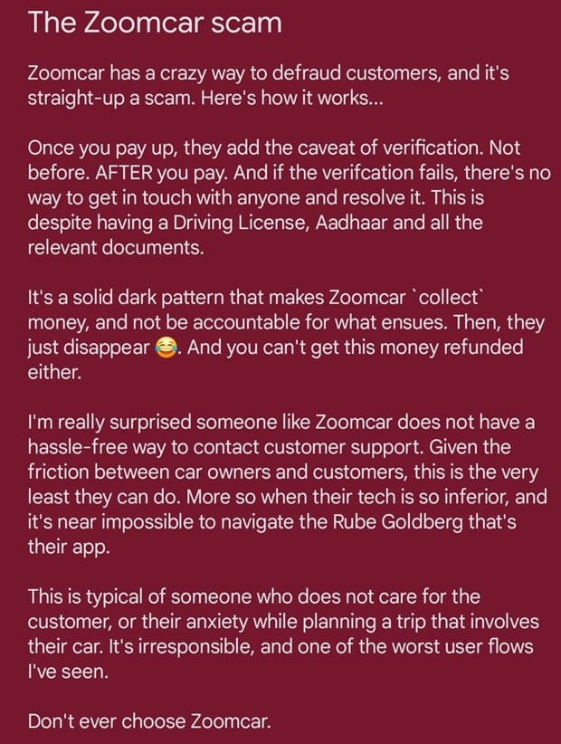 zoomcar scam 