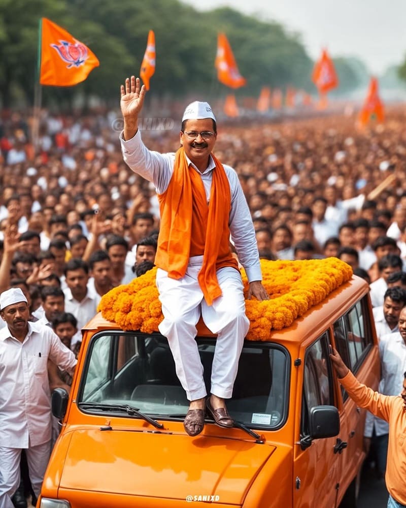 Arvind Kejriwal in an orange shawl rallying for BJP