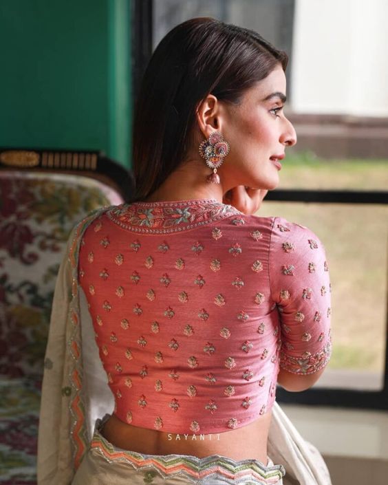 HIgh neck pink silk blouse