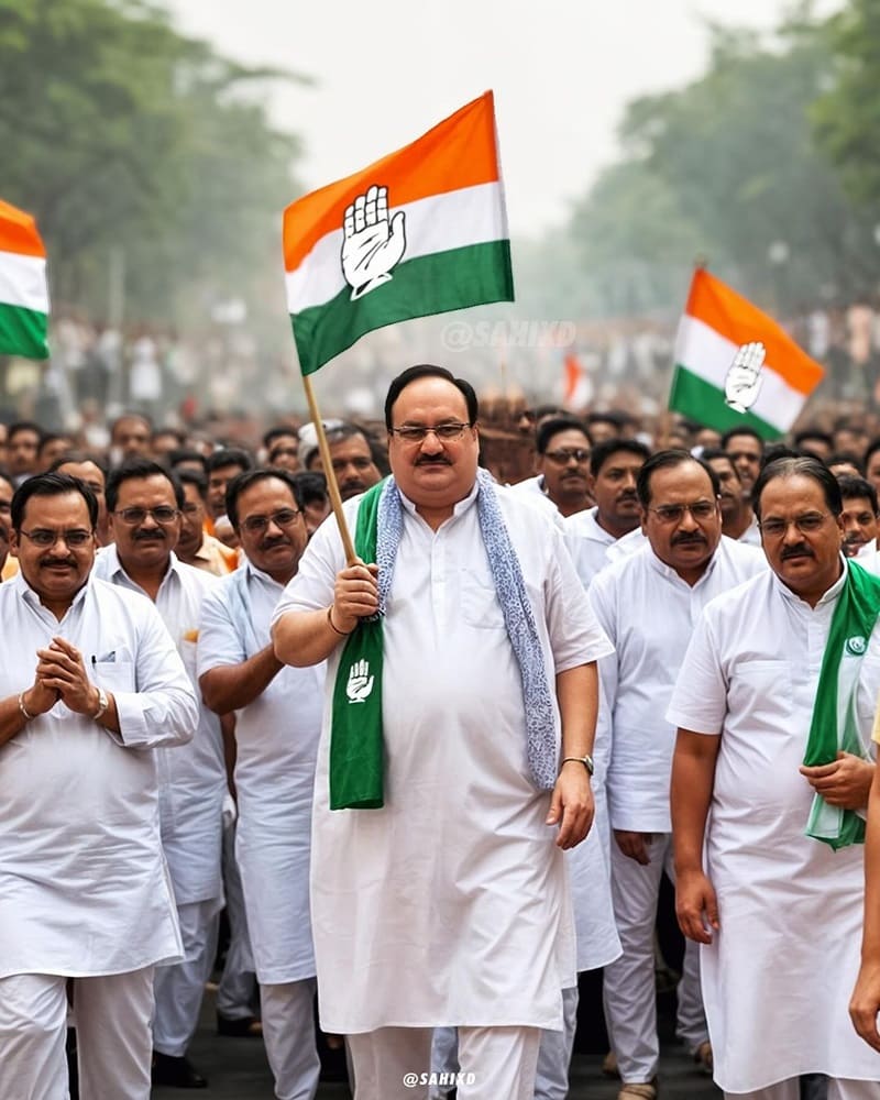 JP Nadda holding the Congress flag and rallying for them