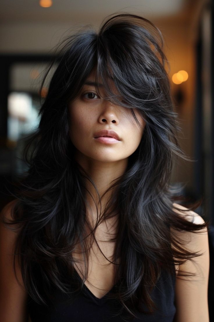 Long Layered V Cut Hair Bangs in 2024