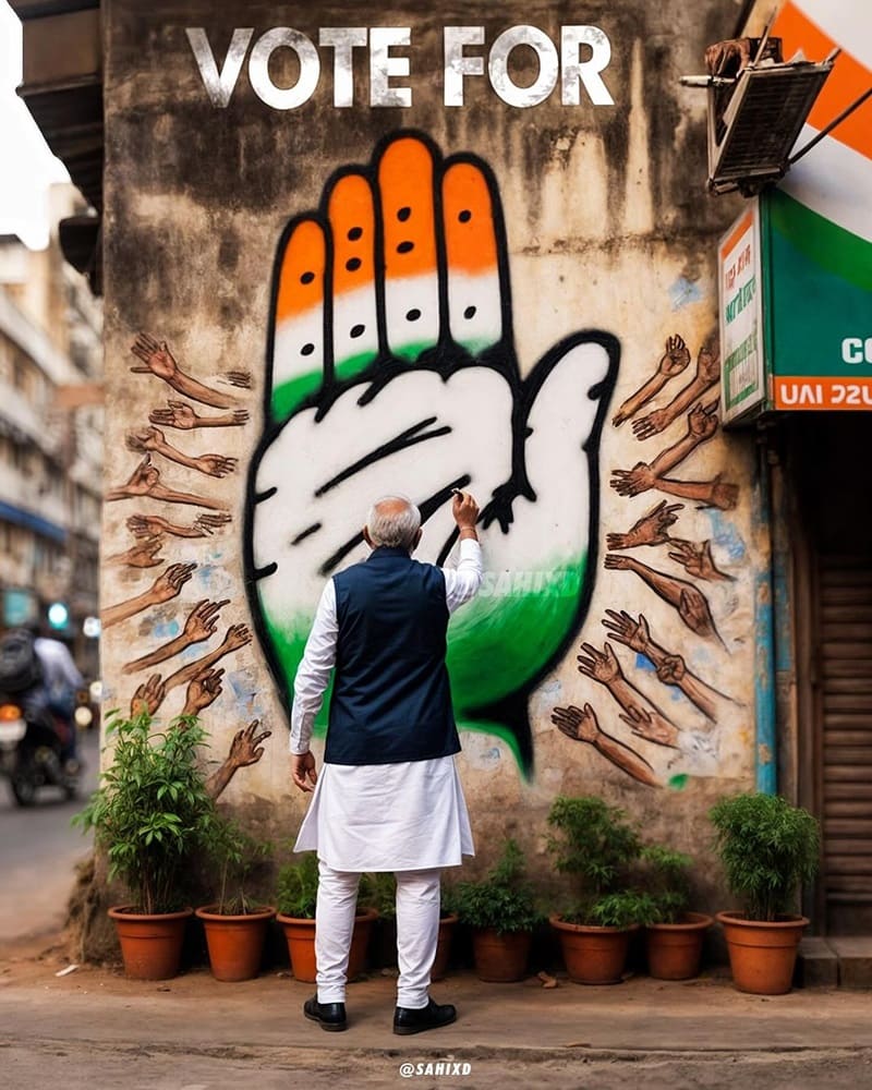 Narendra Modi painting the Congress logo and advocating for it