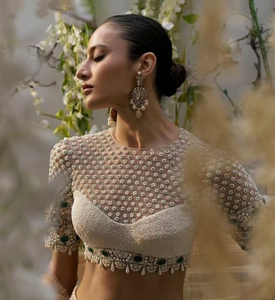 Pearl white kundan blouse design