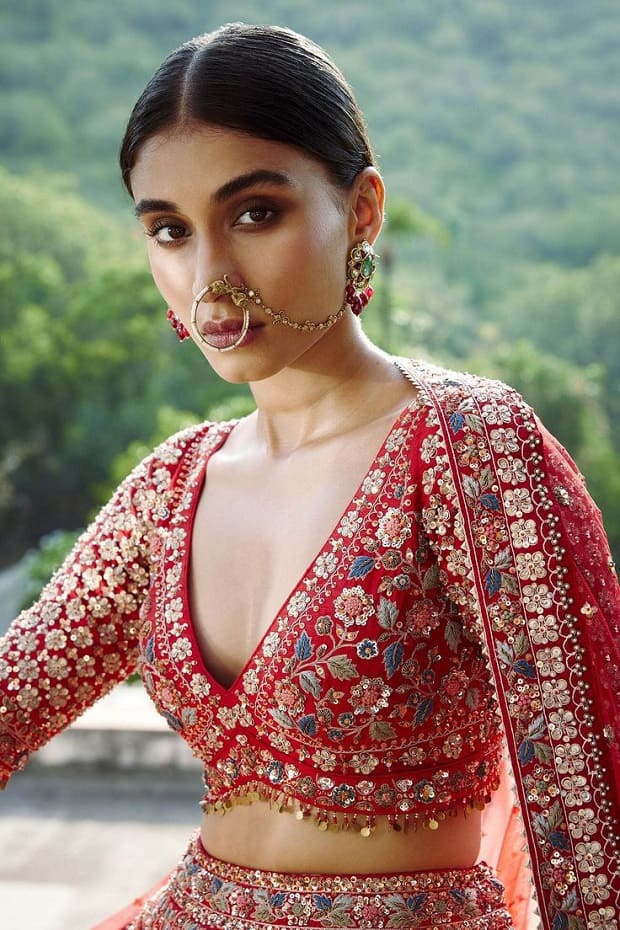 Plunge neck gota patti Paithani blouse design