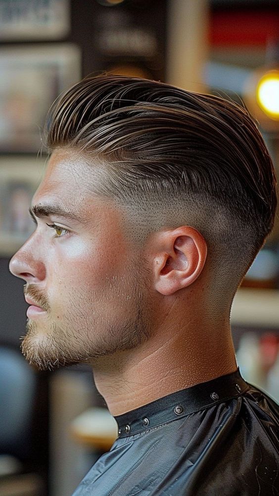 Sharp slick back haircut with skin fade