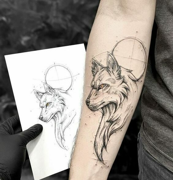 Wolf with full moon tattoo