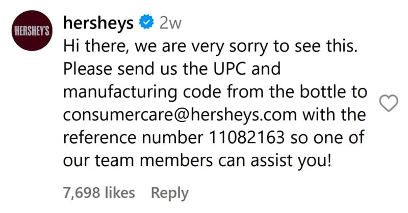 Hershy reply on rat found in syrup