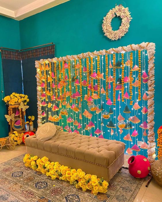 Indoor mehndi ceremony setup
