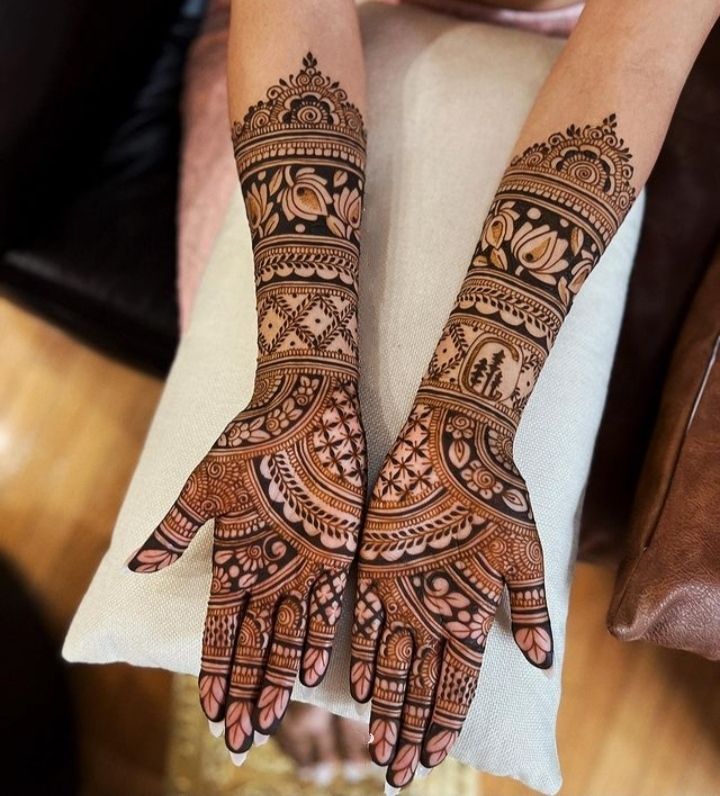 Segmented bridal front hand mehndi design