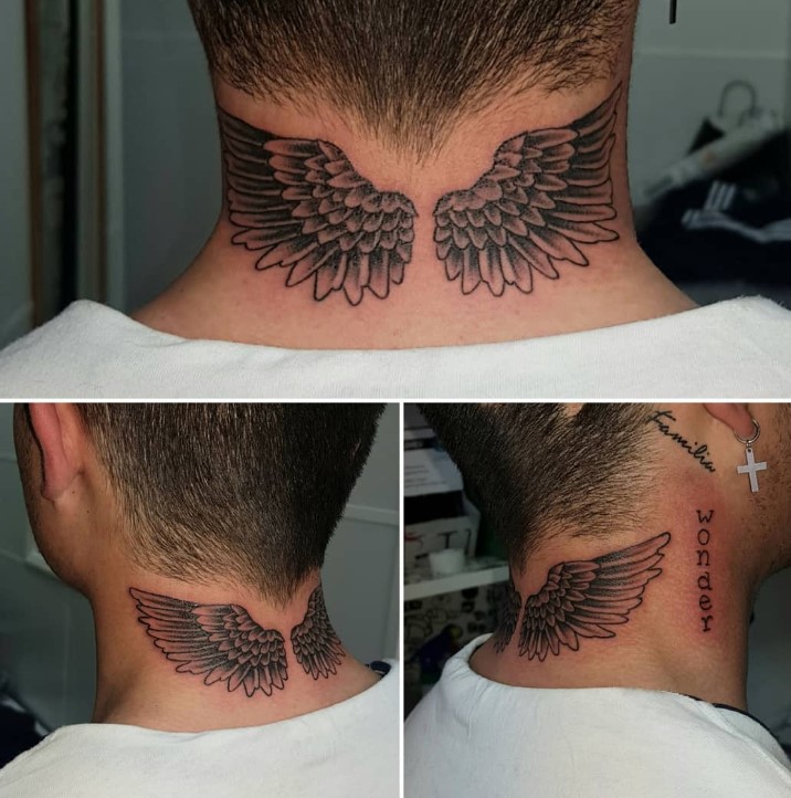 angel wings neck tattoo