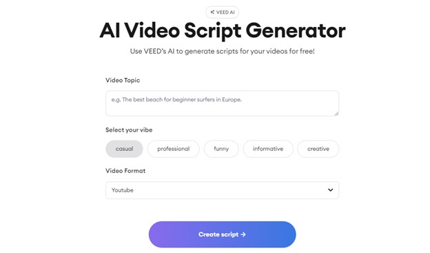 veed ai script generator interface