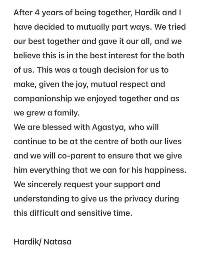 Hardik Pandya And Natasa Stankovic Announce Divorce - Instagram post