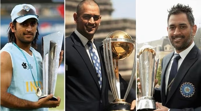 dhoni with world cup trophies