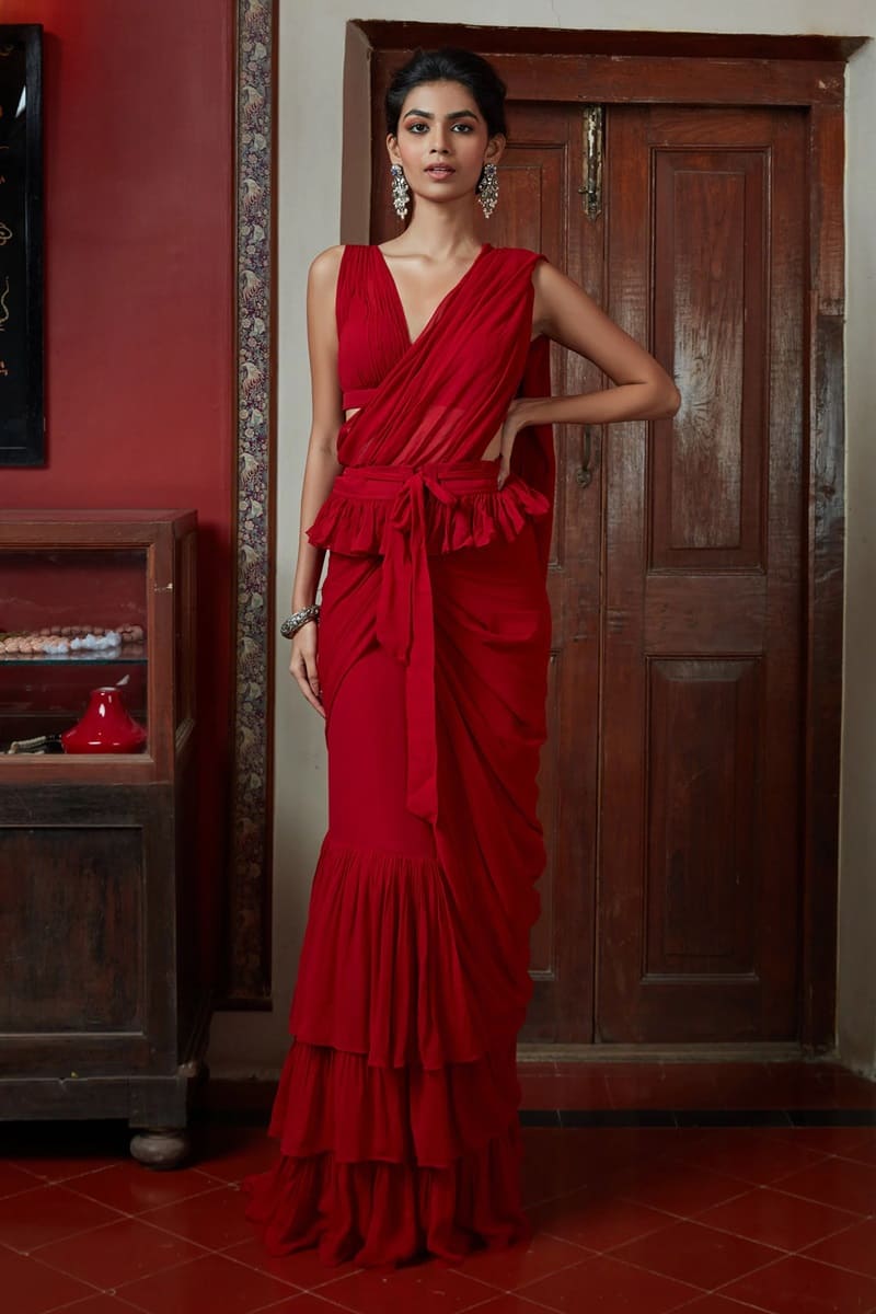 Georgette V Neck Solid Ruffle Saree