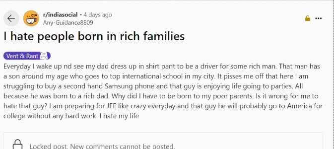 I hate people born in rich families - Reddit post